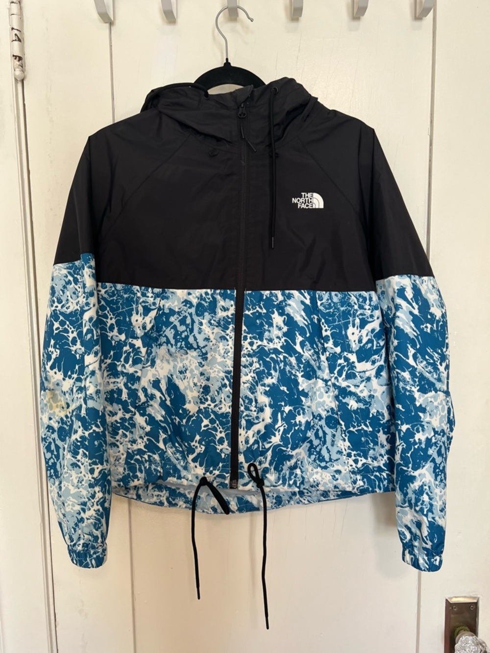 The North Face Women Black & Blue Water-Print Windbreaker Jacket Sz S